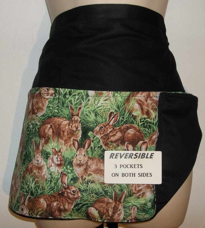 Easter Handmade Reversible Server Waitress Half Apron Rabbits in Grass With Three Pockets Both Sides 6320 R