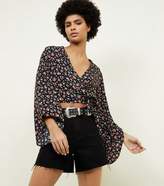 Thumbnail for your product : New Look Black Floral Tie Side Wrap Front Top