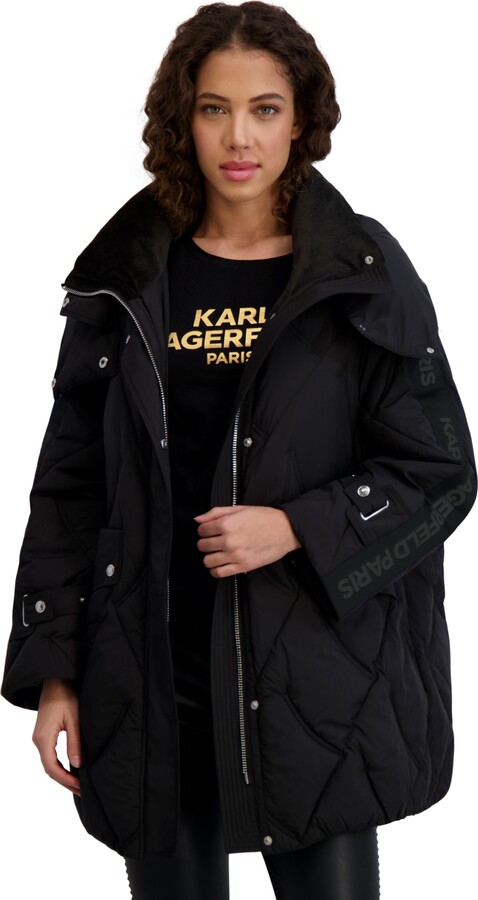 Karl Lagerfeld Paris Women's Hooded A-Line Puffer Coat