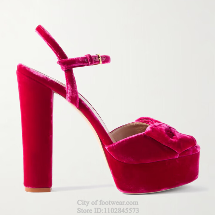 Ravryy Black/Red Velvet Bow Platform Sandals Ribbon 2025 New in Summer Ankle Strap Chunky High Heels Sexy Causal Party Big Size Shoes