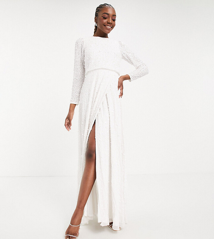 Maya Tall embellished long sleeve maxi dress with slit in white - ShopStyle