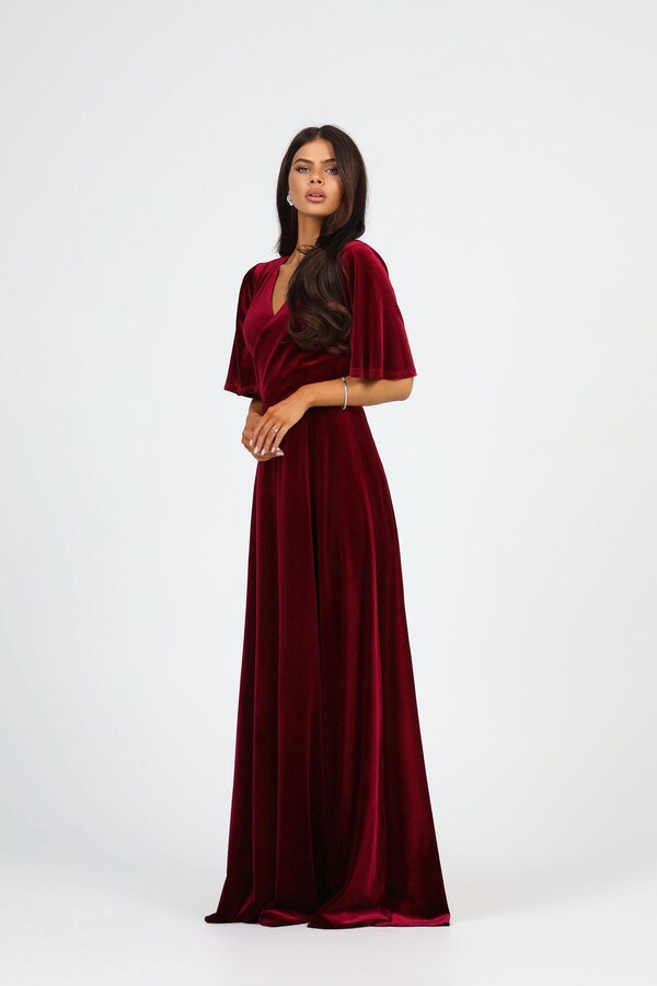 Women's Maxi Velvet Dress, Wrap Neck Burgundy Evening Bridesmaid Maid Of Honor