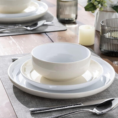 Hokku Designs 12 Pieces Ceramic Dinnerware Set Modern White Dish Set For 4Scratch Resistant Smooth Plates And Bowls SetsOven SafeMicrowave & Dishwasher