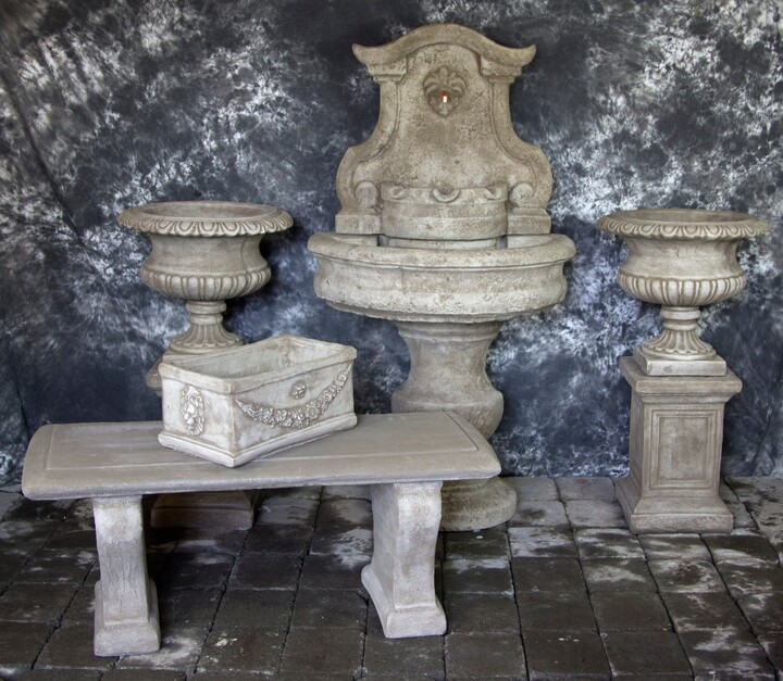 Palermo Concrete Wall Fountain With Urns & Bench - Garden Water Feature