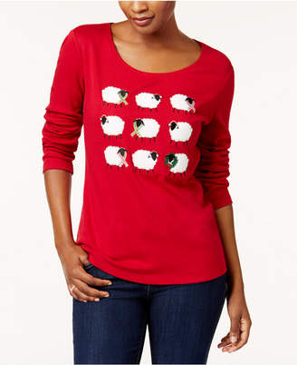 Karen Scott Petite Cotton Holiday Sheep Graphic Top, Created for Macy's