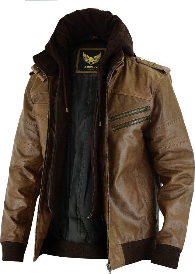 Leatherick men's buffalo jacket with removable hood real biker brown leather (2XL) -