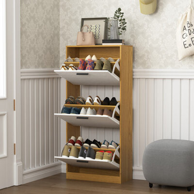 White Solid + Manufactured Wood Shoe Storage Bench