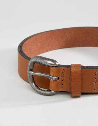 ASOS Slim Leather Belt In Tan With Distressed Round Buckle