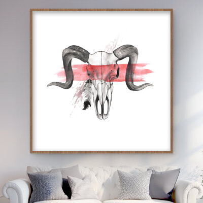 Lark Manor Aries Skull with Feather - Gray Framed Matted Print Decor