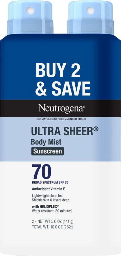Neutrogena Ultra Sheer Sunscreen Spray, Lightweight, SPF 70, 2 x 5 oz