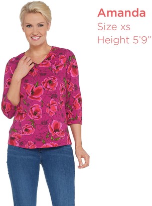 Denim & Co. Floral Print Perfect Jersey 3/4-Sleeve V-Neck Top