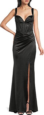 B. Darlin Sleeveless Satin V-Neck Stone Embellished Bustier Side Slit Gown