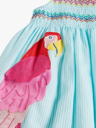Boden Kids' Parrot Applique Ticking Stripe Sun Dress, Blue