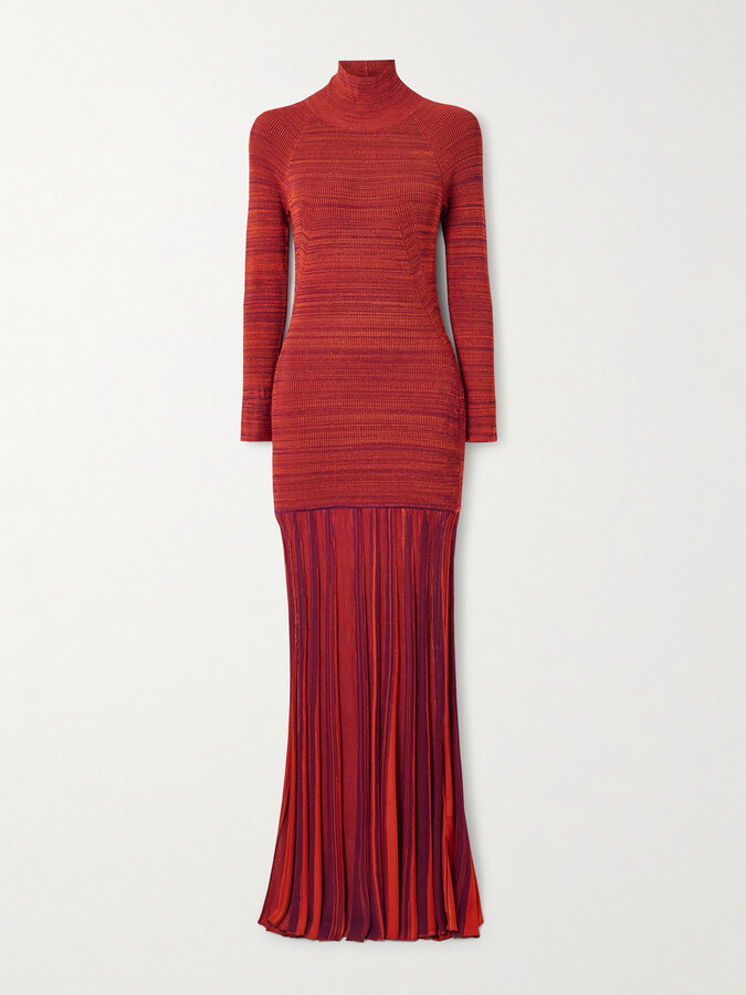 Christopher John Rogers Pleated Ribbed-knit Turtleneck Gown - Red