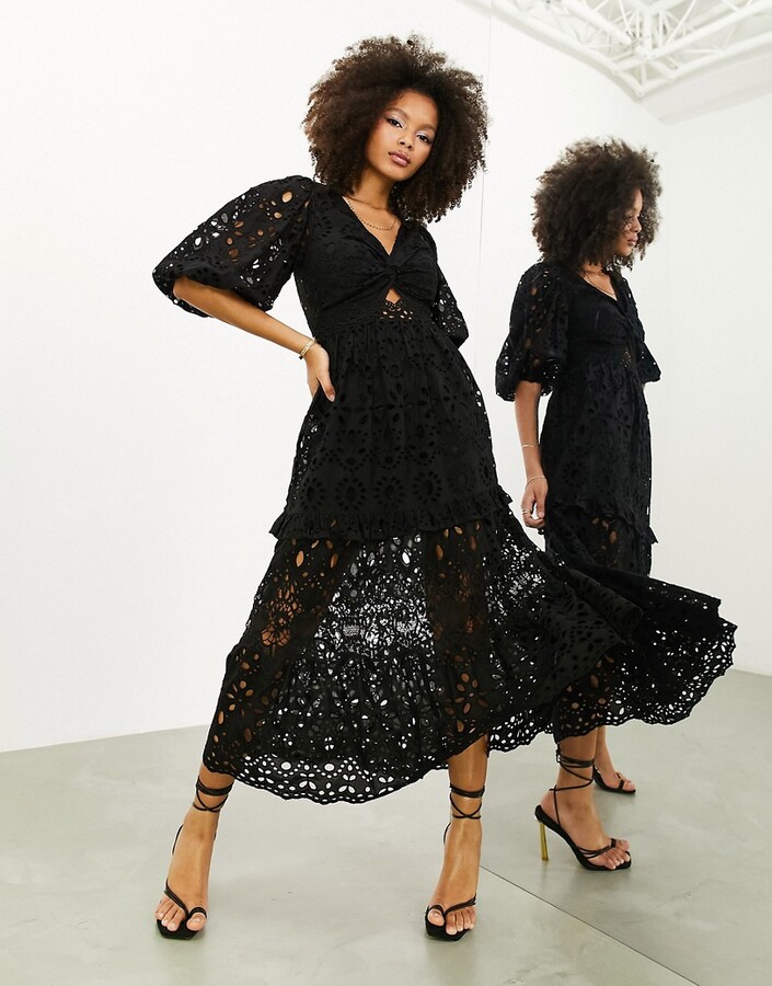 ASOS EDITION broderie twist front midi dress with puff sleeve in