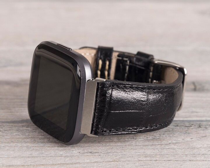Black Croco Pattern Leather Fitbit Watch Band, Versa 1-4/Lite Sense 2