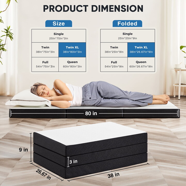Gianna 3" Twin XL Size Tri-fold Memory Foam Mattress, Foldable Mattress