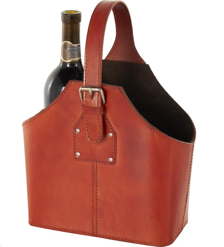 Deco 79 Leather Handmade 2 Bottle Wine Holder with Carrying Handle