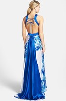 Thumbnail for your product : Morgan & Co. Watercolor Print Embellished Open Back Satin Train Gown (Juniors)