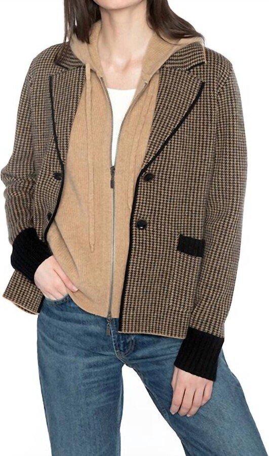 Kinross Houndstooth Notch Collar Cardigan In Black/camel