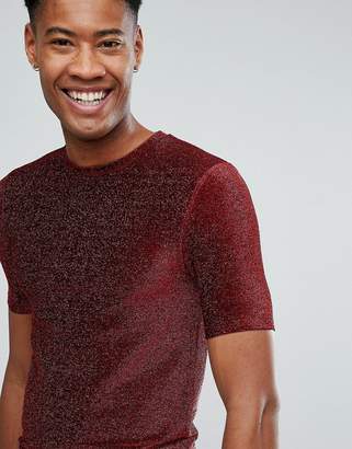 ASOS Design TALL Longline muscle fit T-Shirt In Red Metallic Fabric