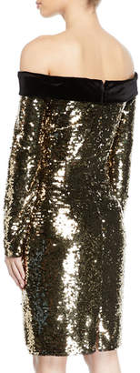 Badgley Mischka Off-the-Shoulder Velvet-Trim Sequin Cocktail Dress