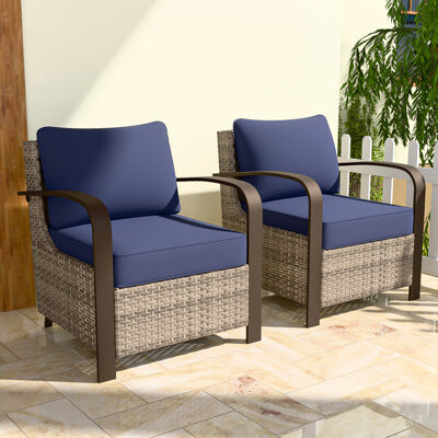 Latitude Run Patio Brown Wicker Lounge Chair Metal Curved Armrest Cushion (Set of 2)