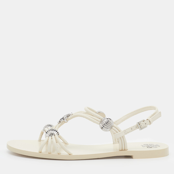 Tory Burch Off White Leather Embellished Flat Sandals Size 35 - ShopStyle
