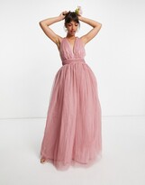 Thumbnail for your product : ASOS DESIGN tulle plunge maxi dress dress with bow back detail in rose