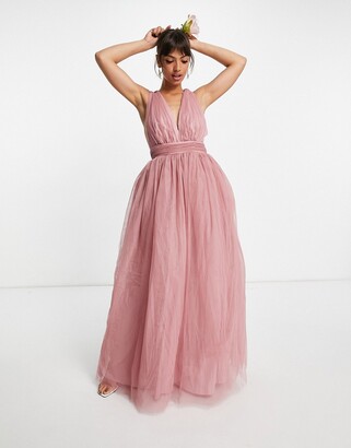 ASOS DESIGN tulle plunge maxi dress dress with bow back detail in rose