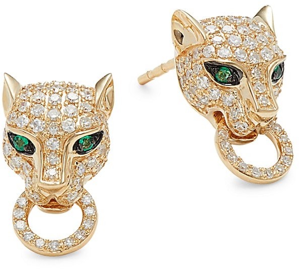 14k Yellow Gold Crystal Leopard White Black Yellow Post Earrings 