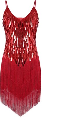 YEAHDOR Women Shiny Sequins Fringe Latin Dance Dress Tango Cha Cha Flapper Ballroom Stage Performance Dress Dancewear Red One Size