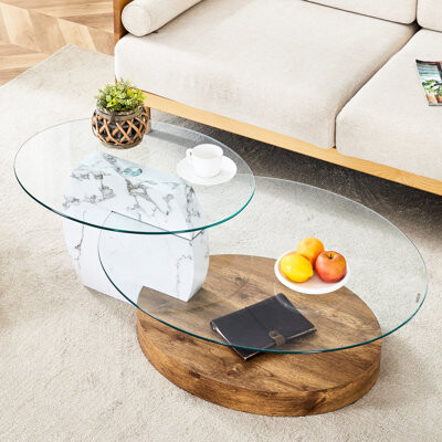 Latitude Run Unique Artistic Coffee Table Featuring White Marble And Wood Grain Fusion High - Quality Tempered Glass Stable Legs Multiple Colors End Double Laye