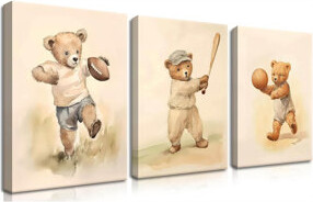 Bear Rugby Sports Nursery Canvas Wall Art Set Of 3 - Cute Vintage Baby Bear Pictures Paintings Poster Prints, Nursery Animal Wall Decor For Children B
