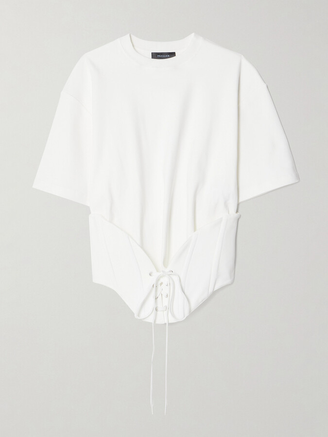 Thierry Mugler Lace-up Stretch-crepe And Cotton-jersey T-shirt - White