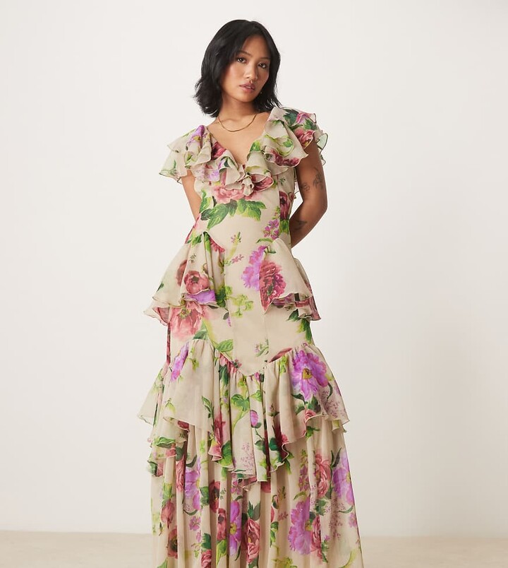 ASOS Petite ASOS DESIGN Petite scoop neck flutter sleeve ruffle tiered midaxi dress in lilac floral print