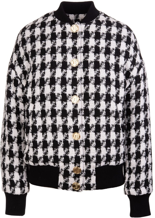 Balmain Woman White And Black Bomber Jacket In Pied De Poule Tweed ...