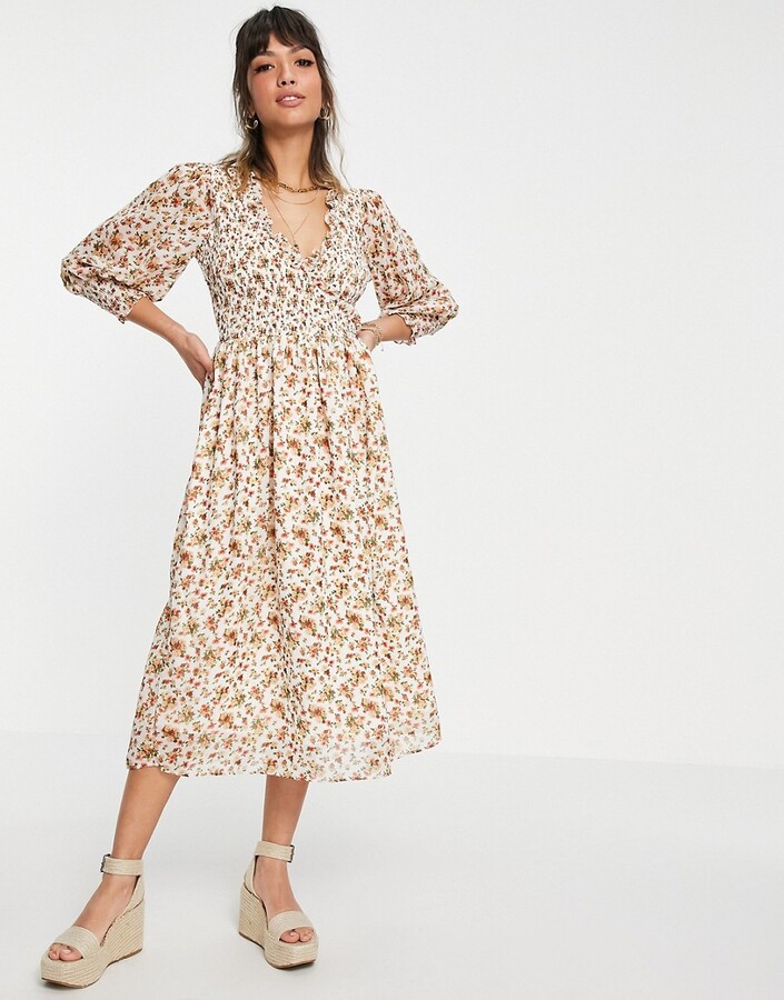 ASOS DESIGN midi smock dress with shirred cuffs in cream floral print -  ShopStyle