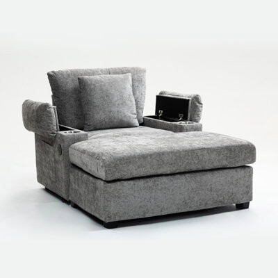 Hokku Designs Stylish Bed Chair With Grey Chenille Fabric 90 - Degree Footrest And Cupholders For Bedroom Decor Modern  Bed /c Type Charging Slow Lowering Armr