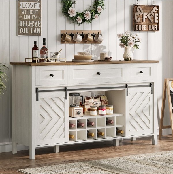 Garvee 59''FarmhouseBuffetCabinetwithSlidingBarnDoor3DrawersAdjustableShelf&WineRackRusticSideboardforDiningRoomKitchenWhite