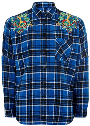 Topman Blue Embroidered Check Shirt