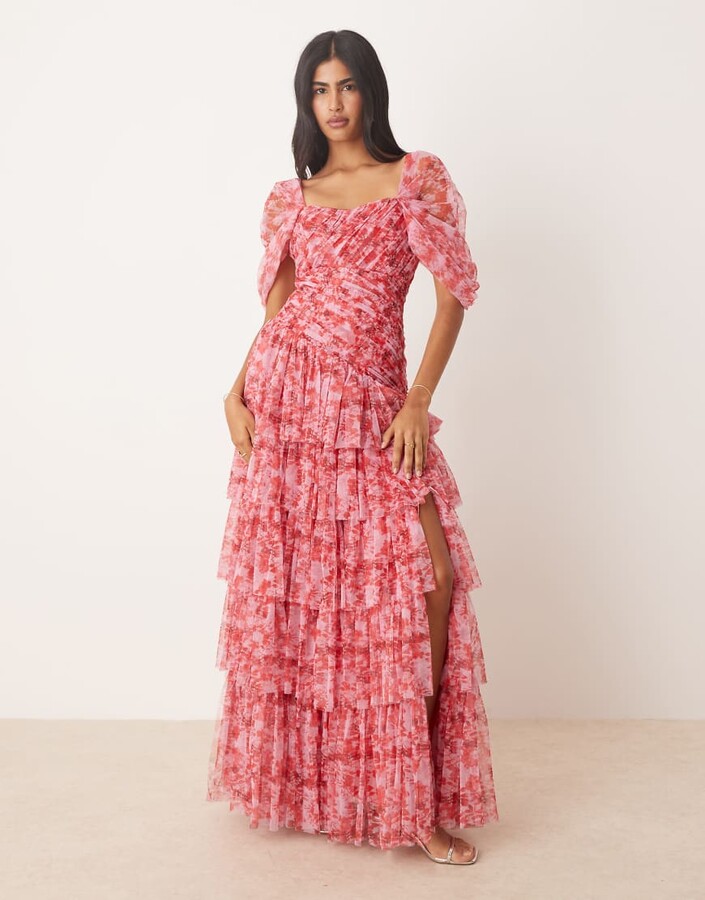 Lace & Beads off-shoulder tulle asymmetric maxi dress in red and pink floral