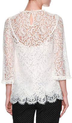 Dolce & Gabbana Floral-Lace 3/4-Sleeve Ruffled Blouse, White