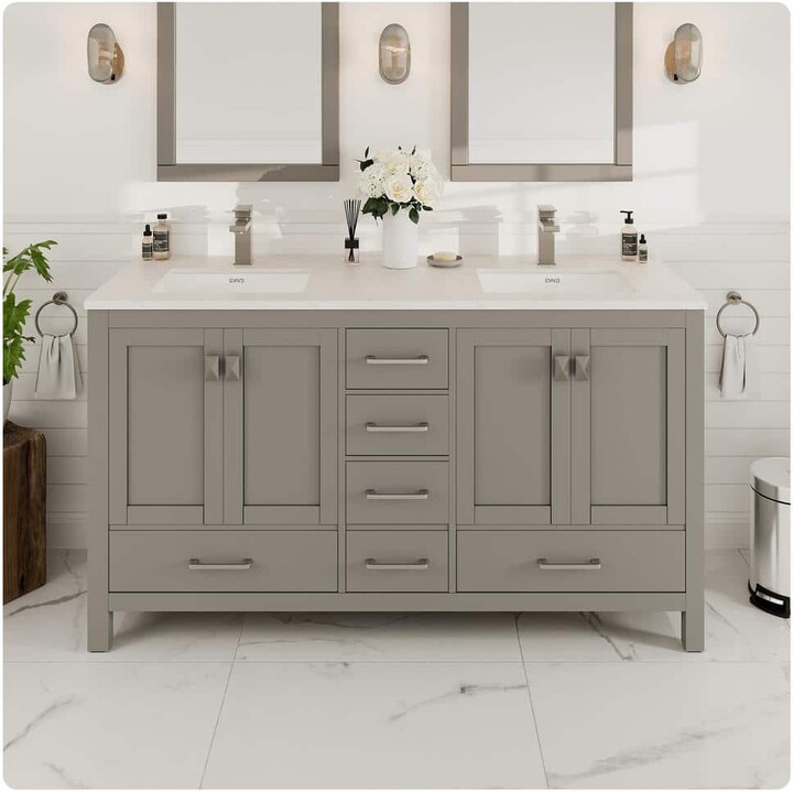 Eviva London 60 in. Double Sink Gray Bath Vanity with White Carrara Quartz Top (Assembled)