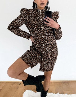 Noisy May denim shirt dress with frill bib detail in leopard