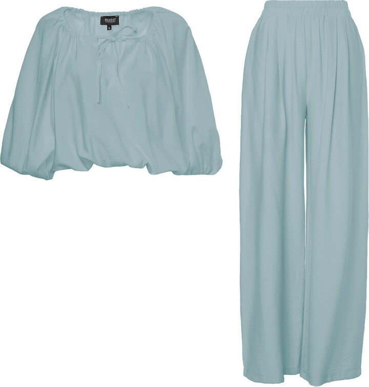 Bluzat Green Mint Linen Matching Set With Flowy Blouse And Wide Leg Trousers