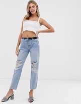 Thumbnail for your product : Miss Selfridge recycled denim boyfriend jeans with rips in mid wash