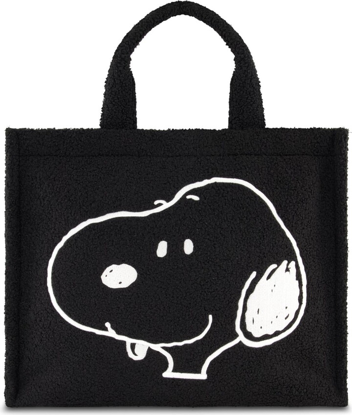 Peanuts Snoopy Tote Bag, Faux Fur Travel Handbag with Adjustable Shoulder Strap and Trolley Sleeve, Black