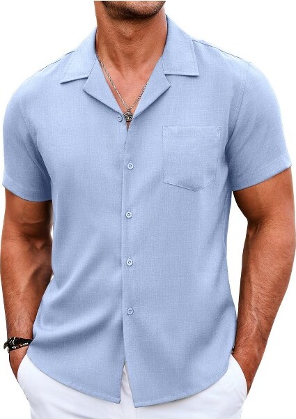 COOFANDY Men's Casual Button Down Short Sleeve Linen Beach Cuban Vacation Textured Shirts with Pocket White L