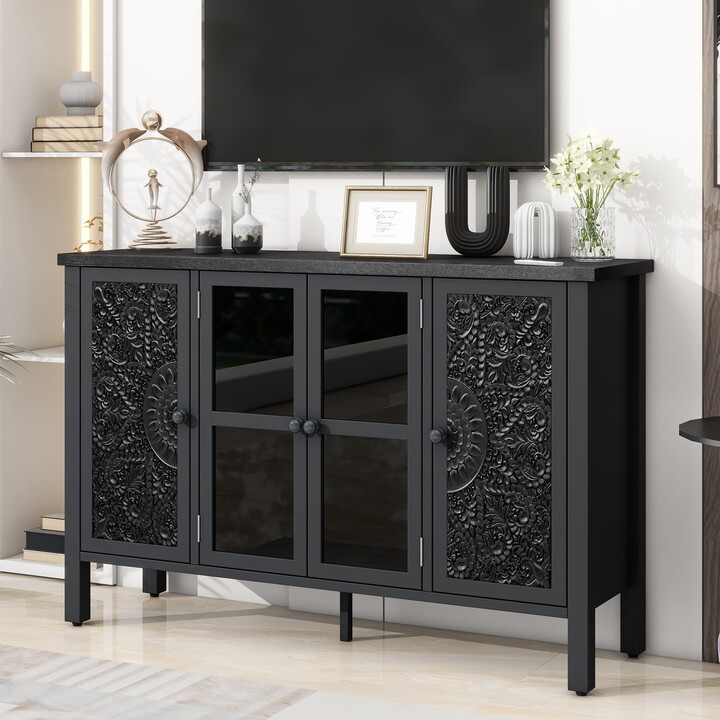Euroco 47.2'' Retro TV Stand for TVs up to 43 Inches, Entertainment Center Media Console Cabinet with 3 Spacious Cabinets, Glass Cabinet Doors and Anti-tip Device for Living room
